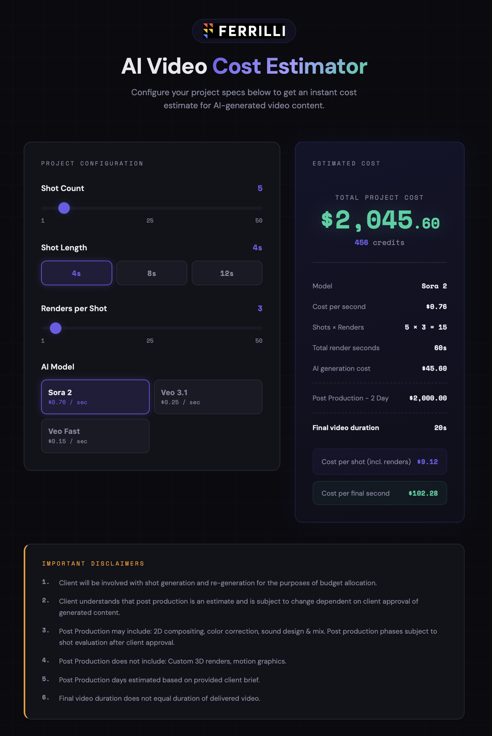 The AI video cost calculator built for Ferrilli